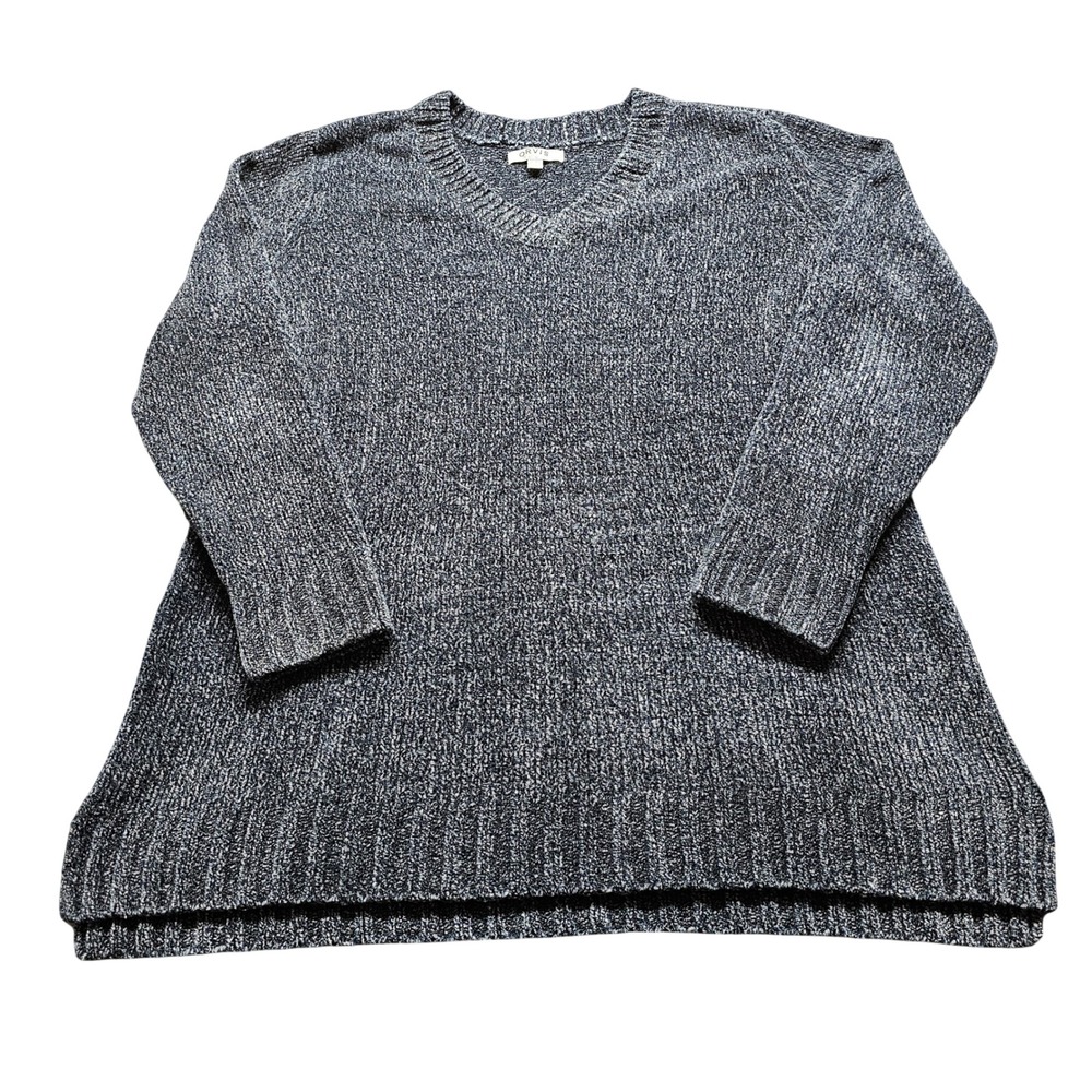 Orvis V-Neck Pullover Sweater Womens XL Blue White Marled Chenille Knit Relaxed